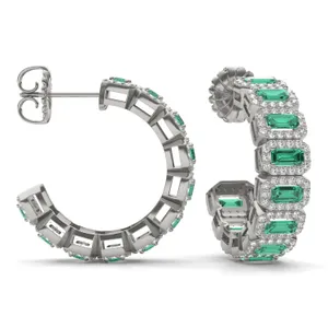 Emerald East-West Halo Midi Hoop Earrings image, 