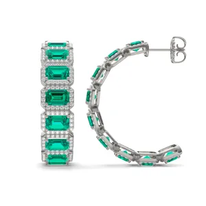 Emerald East-West Halo Bold Hoop Earrings image, 