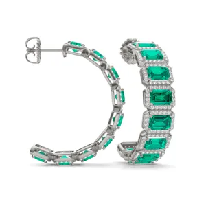 Emerald East-West Halo Bold Hoop Earrings image, 