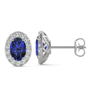 Sapphire Oval Halo Stud Earrings in 14K White Gold image, 