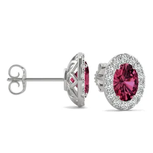 Ruby Oval Halo Stud Earrings in 14K White Gold image, 