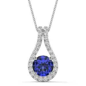 Sapphire Round Drop Halo Pendant in 14K White Gold image, 