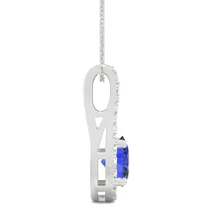 Sapphire Round Drop Halo Pendant in 14K White Gold image, 