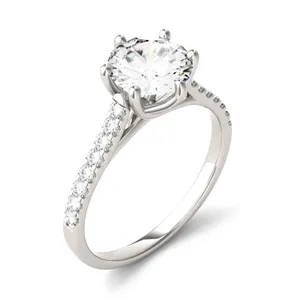 Round Brilliant Accented Six-Prong Trellis Engagement Ring Moissanite Engagement Ring image, Round Brilliant Accented Six-Prong Trellis Engagement Ring