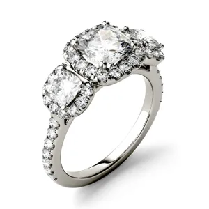 Cushion Three Stone Accented Halo Engagement Ring image, 