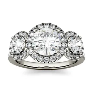 Round Brilliant Three Stone Accented Halo Engagement Ring image, 