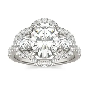 3.10 CTW DEW Oval Forever One Moissanite Three Stone Halo Engagement Ring in 14K White Gold image, 