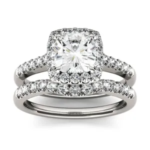 1.89 CTW DEW Moissanite Cushion Halo Bridal Set image, 