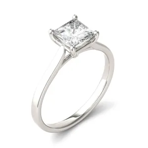 0.90 CTW DEW Princess Forever One Moissanite Cathedral Solitaire Engagement Ring in 14K White Gold image, 