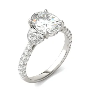 4.35 CTW DEW Oval Forever One Moissanite Three Stone Ring in 14K White Gold image, 