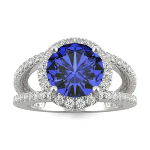 Sapphire Round Split Shank Halo Ring in 14K White Gold image, 