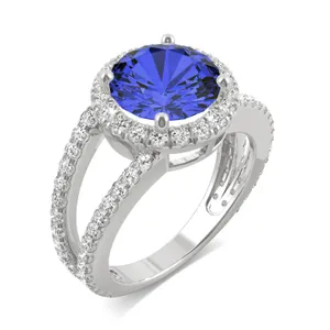 Sapphire Round Split Shank Halo Ring in 14K White Gold image, 
