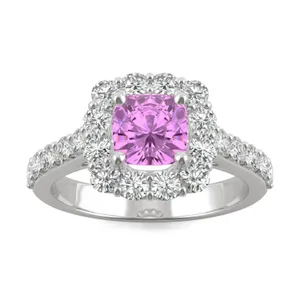 Pink Sapphire Cushion Halo Ring in 14K White Gold image, 