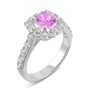 Pink Sapphire Cushion Halo Ring in 14K White Gold image, 