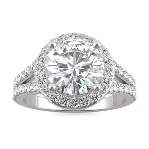 3.42 CTW DEW Round Moissanite Split Shank Halo Engagement Ring in 14K White Gold image, 