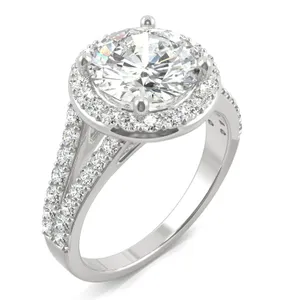 3.42 CTW DEW Round Moissanite Split Shank Halo Engagement Ring in 14K White Gold image, 