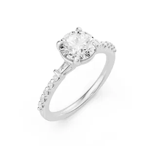 Baguette Sides Round Side Stone Engagement Ring Moissanite Engagement Ring image, 