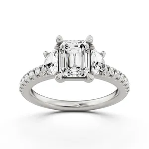 Emerald Three Stone Engagement Ring With Half Moon Sides image, 