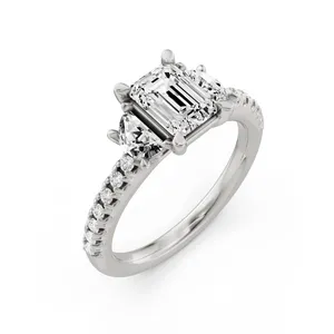 Emerald Three Stone Engagement Ring With Half Moon Sides image, 