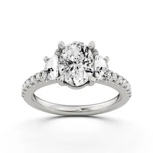 Oval Three Stone Engagement Ring With Half Moon Sides image, 