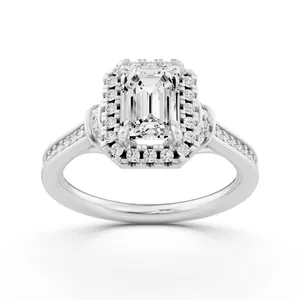 French Pave Halo Emerald Engagement Ring with Round Side Stone image, 