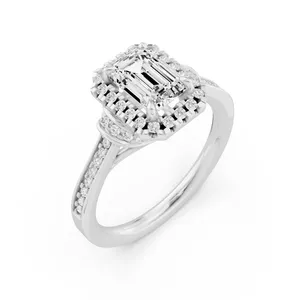 French Pave Halo Emerald Engagement Ring with Round Side Stone image, 