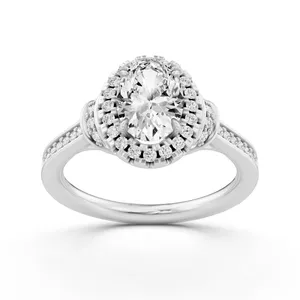 French Pave Halo Oval Engagement Ring with Round Side Stone image, 