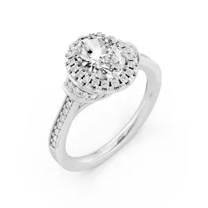 French Pave Halo Oval Engagement Ring with Round Side Stone image, 