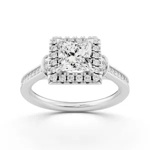 French Pave Halo Princess Engagement Ring with Round Side Stone image, 