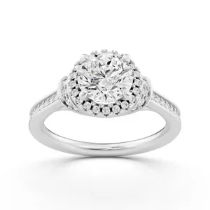 French Pave Halo Round Engagement Ring with Round Side Stone image, 