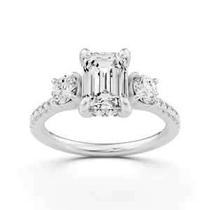 Three Stone Emerald Engagement Ring with Round Side Stones image, 