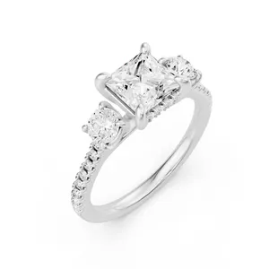 Three Stone Princess Engagement Ring with Round Side Stones Moissanite Engagement Ring image, 