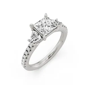 Princess Three Stone Engagement Ring With Trillion Side Stones Moissanite Engagement Ring image, 