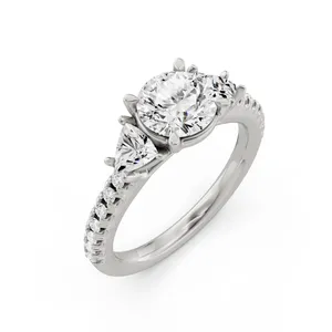 Round Three Stone Engagement Ring With Trillion Side Stones Moissanite Engagement Ring image, 