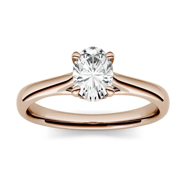 0.90 CTW DEW Oval Forever One Moissanite Four Prong Solitaire Engagement Ring in 14K Rose Gold