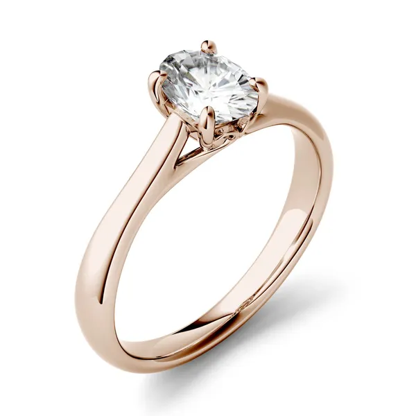 0.90 CTW DEW Oval Forever One Moissanite Four Prong Solitaire Engagement Ring in 14K Rose Gold
