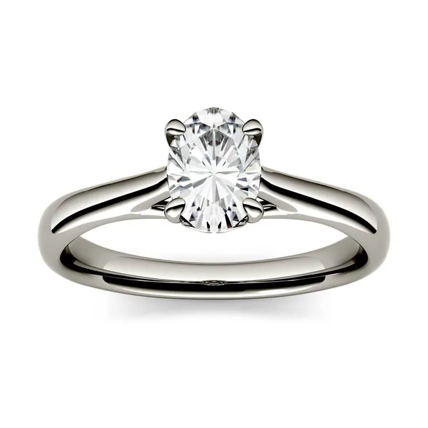 0.90 CTW DEW Oval Forever One Moissanite Four Prong Solitaire Engagement Ring in 14K White Gold