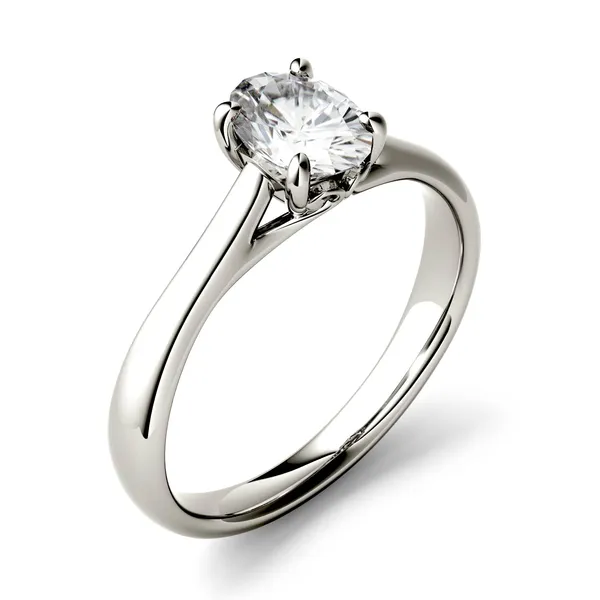 0.90 CTW DEW Oval Forever One Moissanite Four Prong Solitaire Engagement Ring in 14K White Gold