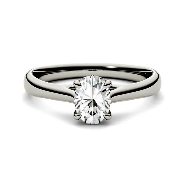0.90 CTW DEW Oval Forever One Moissanite Four Prong Solitaire Engagement Ring in 14K White Gold