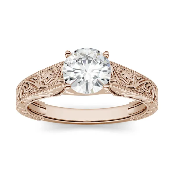 1.90 CTW DEW Round Forever One Moissanite Solitaire with Carved Band Engagement Ring in 14K Rose Gold