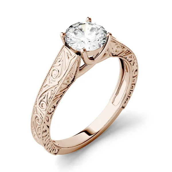 1.90 CTW DEW Round Forever One Moissanite Solitaire with Carved Band Engagement Ring in 14K Rose Gold