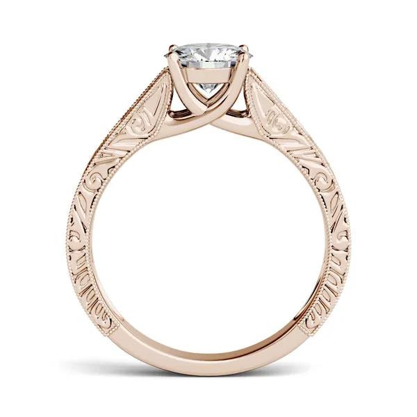 1.90 CTW DEW Round Forever One Moissanite Solitaire with Carved Band Engagement Ring in 14K Rose Gold