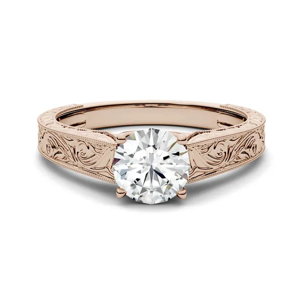 1.90 CTW DEW Round Forever One Moissanite Solitaire with Carved Band Engagement Ring in 14K Rose Gold