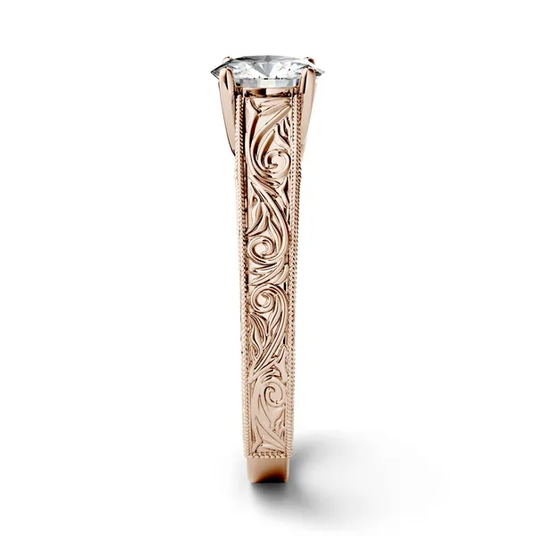 1.90 CTW DEW Round Forever One Moissanite Solitaire with Carved Band Engagement Ring in 14K Rose Gold