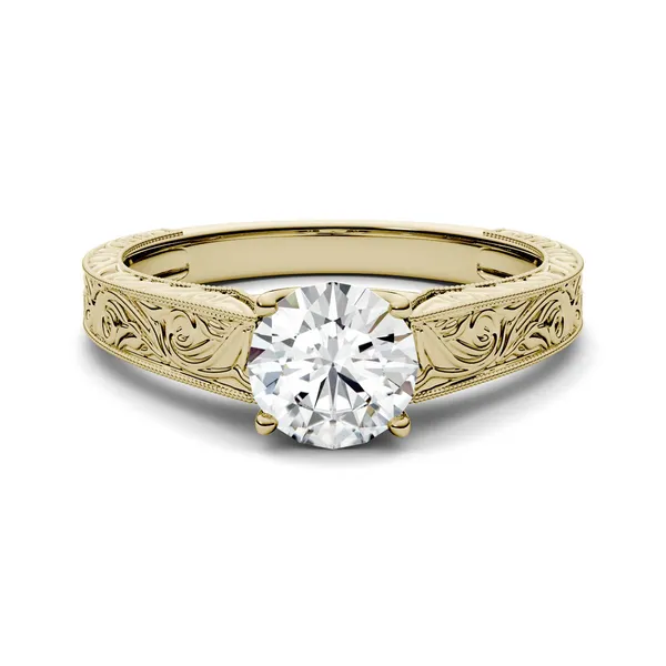 1.00 CTW DEW Round Forever One Moissanite Solitaire with Carved Band Engagement Ring in 14K Yellow Gold