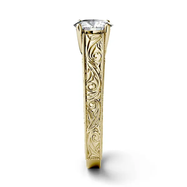 1.00 CTW DEW Round Forever One Moissanite Solitaire with Carved Band Engagement Ring in 14K Yellow Gold