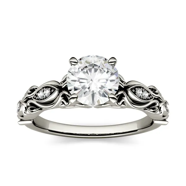 1.07 CTW DEW Round Forever One Moissanite Solitaire with Side Accents Engagement Ring in 14K White Gold