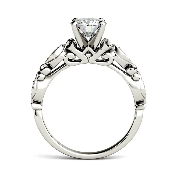 1.07 CTW DEW Round Forever One Moissanite Solitaire with Side Accents Engagement Ring in 14K White Gold