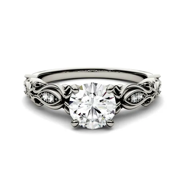 1.07 CTW DEW Round Forever One Moissanite Solitaire with Side Accents Engagement Ring in 14K White Gold