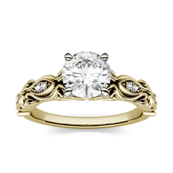 1.07 CTW DEW Round Forever One Moissanite Solitaire with Side Accents Engagement Ring in 14K Yellow Gold